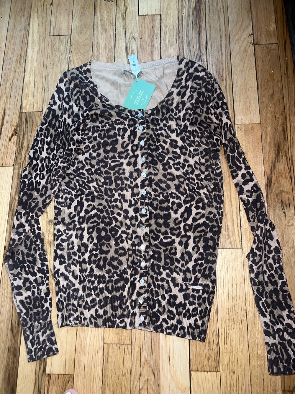 Le Lis Blanc Leopard-Trim Button Cardigan - Beige & Black